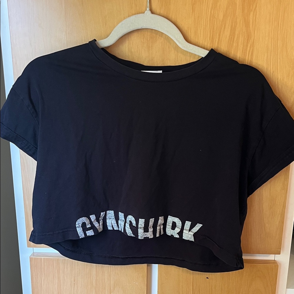 Gymshark Black Cropped Tee with Metallic Silver Logo Hem